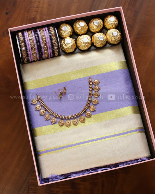 Lavender Onam Gift Hamper - saree, bangle set, necklace with earring & chocolates