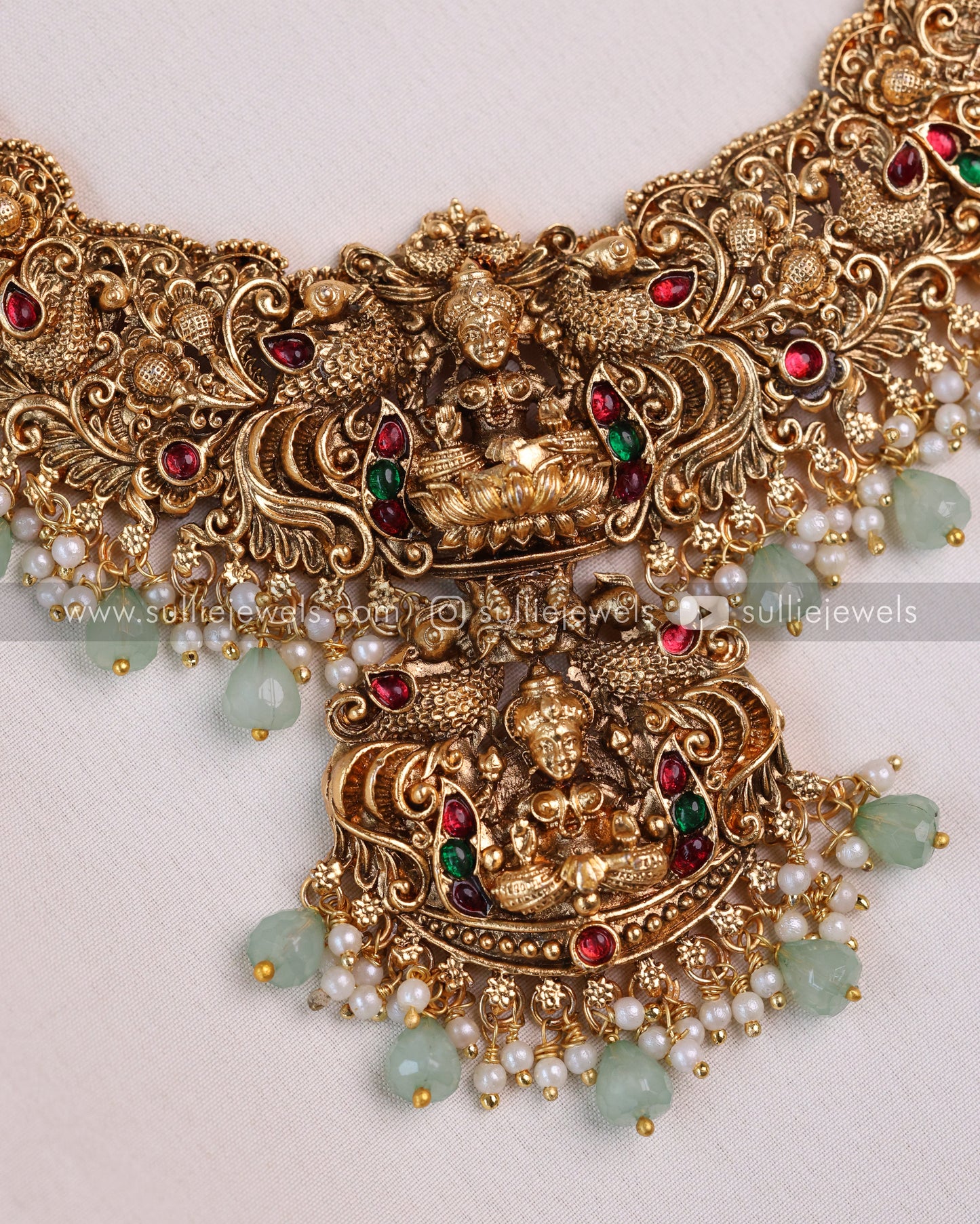 Sullie Basic - Detailed Lakshmi Peacock Necklace with Jumka - Mint Beads