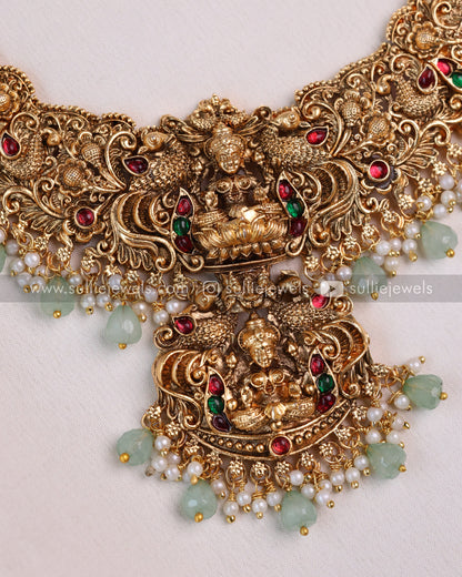 Sullie Basic - Detailed Lakshmi Peacock Necklace with Jumka - Mint Beads