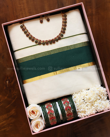 Onam Gift Hamper - saree, bangle set, necklace with earring & jasmine