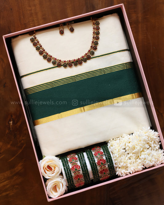 Onam Gift Hamper - saree, bangle set, necklace with earring & jasmine