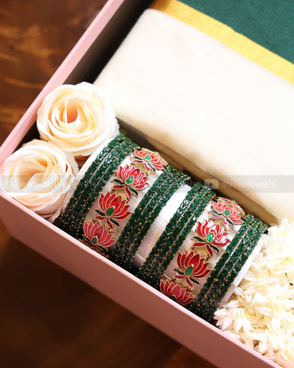 Onam Gift Hamper - saree, bangle set, necklace with earring & jasmine