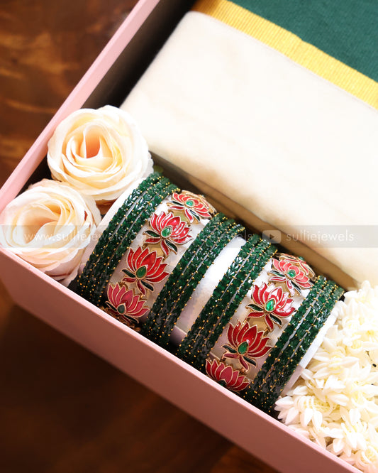 Onam Gift Hamper - saree, bangle set, necklace with earring & jasmine