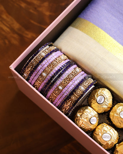 Lavender Onam Gift Hamper - saree, bangle set, necklace with earring & chocolates