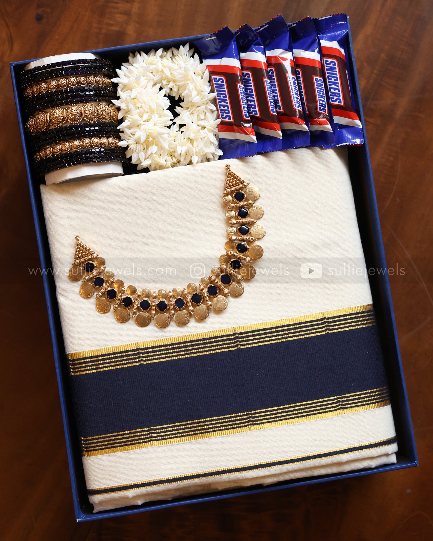 Onam Blue Gift Hamper - Saree, Bangle set, Necklace with Earring, Jasmine & Chocolates