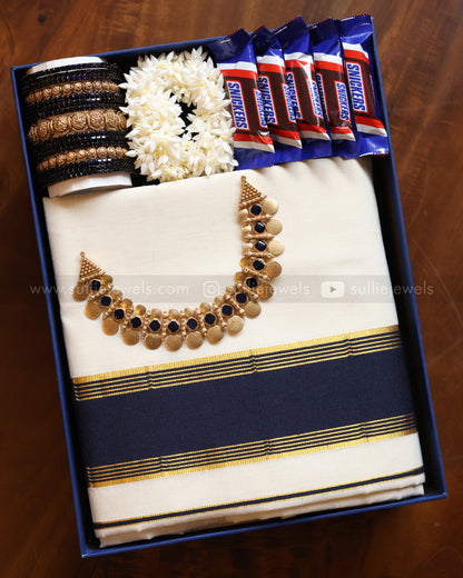 Onam Blue Gift Hamper - Saree, Bangle set, Necklace with Earring, Jasmine & Chocolates