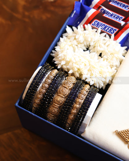 Onam Blue Gift Hamper - Saree, Bangle set, Necklace with Earring, Jasmine & Chocolates