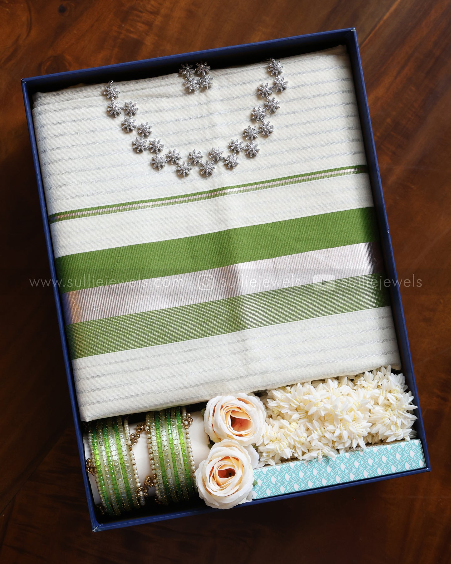 Onam Silver Gift Hamper - Saree, Bangle set, Necklace with Earring, Jasmine & Perfume