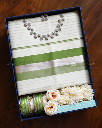 Onam Silver Gift Hamper - Saree, Bangle set, Necklace with Earring, Jasmine & Perfume