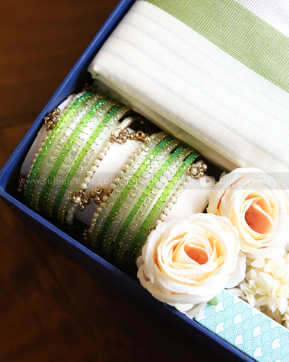 Onam Silver Gift Hamper - Saree, Bangle set, Necklace with Earring, Jasmine & Perfume