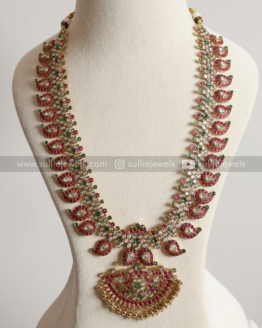 Ruby & White Kemp Mango Long Chain/ Maaga Haaram with Jhumka
