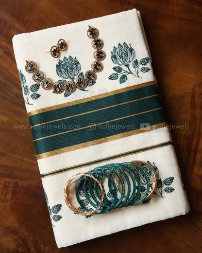 Green Onam Combo - Saree, Necklace with earrings, Bangle Set of 8