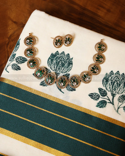 Green Onam Combo - Saree, Necklace with earrings, Bangle Set of 8