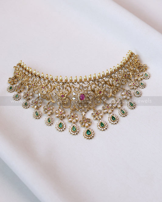 2128 - Premium Floral Gold Choker with Earring