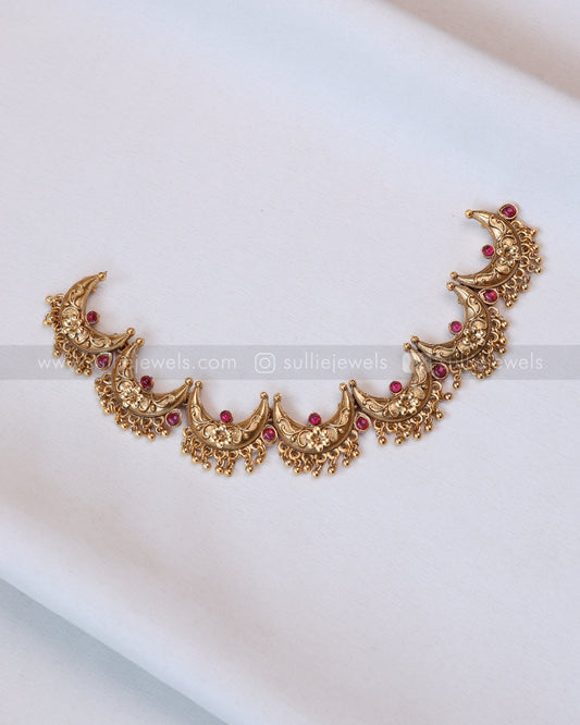 3795 - Sullie Basic - Ruby Antique Gold Ardha Chandra Necklace with Stud