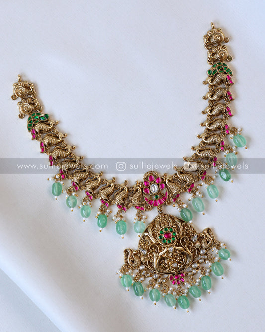 Peacock Lightweight Matte finish Necklace with Jhumka - Mint beads