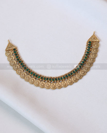 3793 - Sullie Basic - Lakshmi Coin Green Kaashu Maala / Coine Necklace with Stud