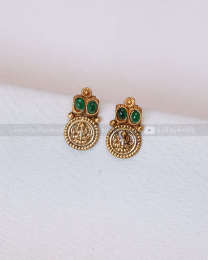 3793 - Sullie Basic - Lakshmi Coin Green Kaashu Maala / Coine Necklace with Stud