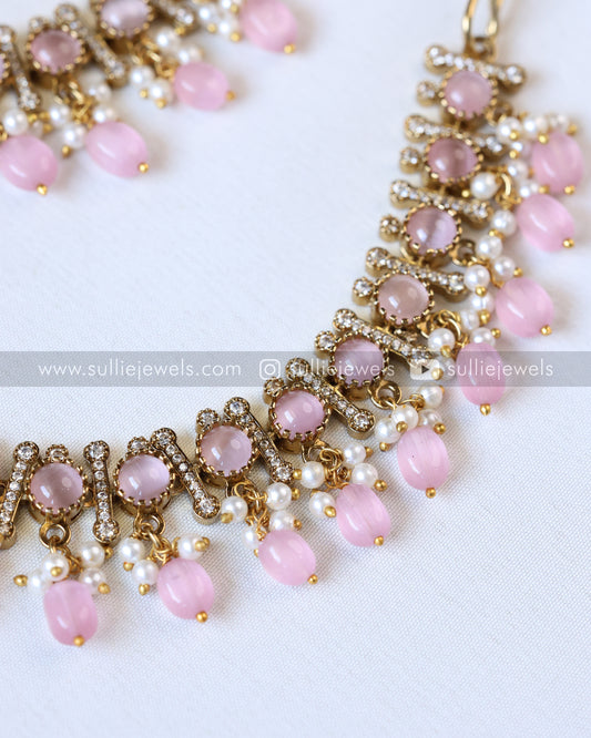 Premium Victorian Polki Earchain / Maatti - Pastel Pink