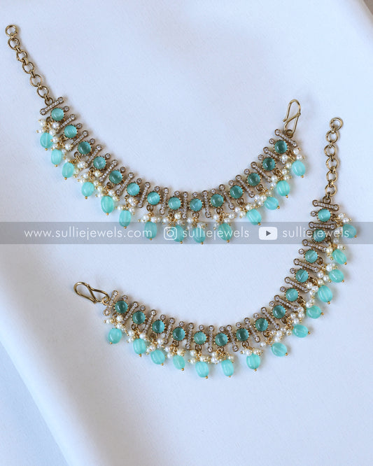 Premium Victorian Polki Earchain / Maatti - Pastel Blue/Green