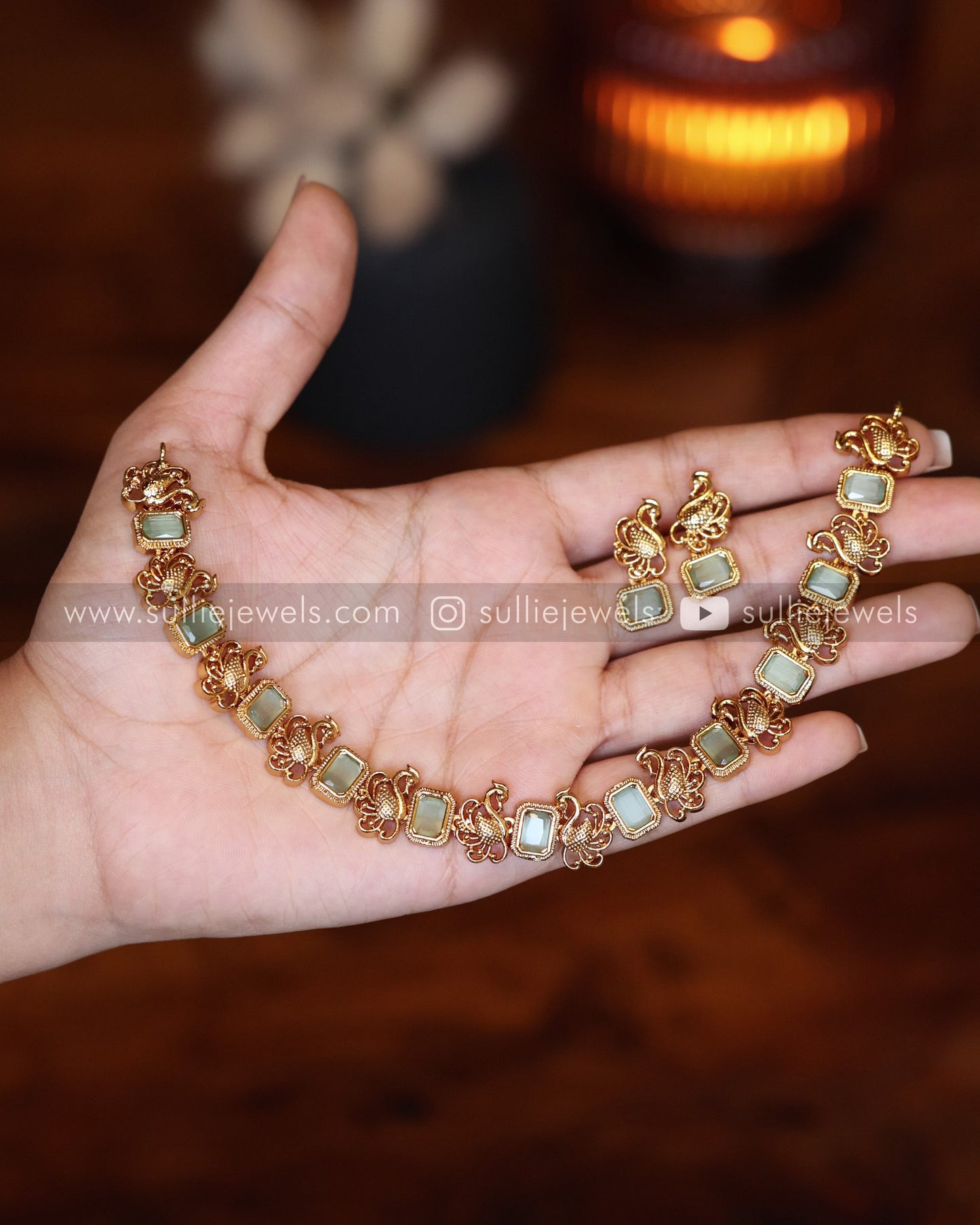 Pastel Green Sufi Peacock Necklace with Stud