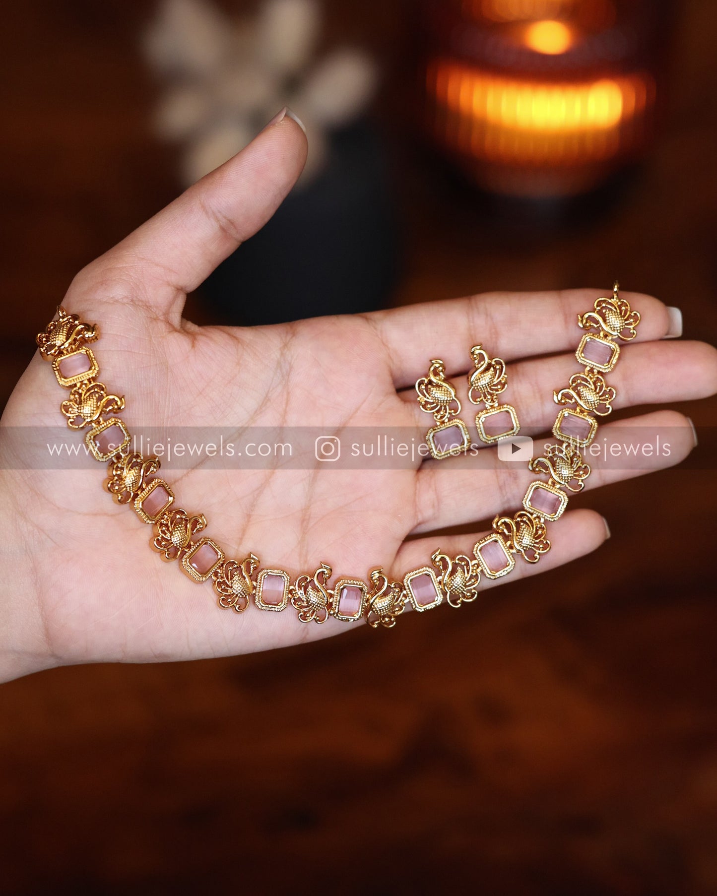 Pastel Pink Sufi Peacock Necklace with Stud
