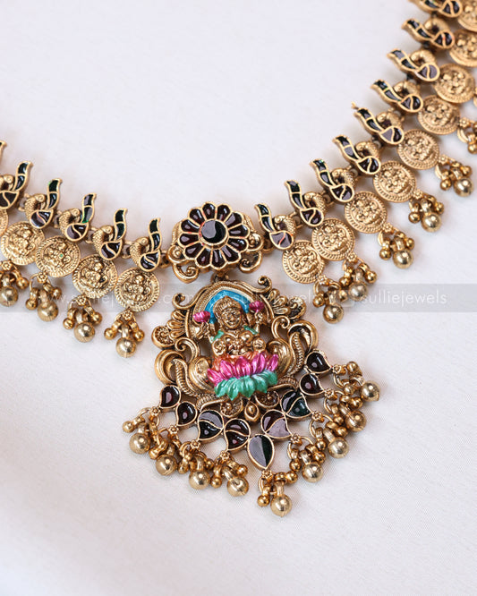 3791 - Sullie Basic - Meenakari Lakshmi Pendant Peacock Coin Necklace with Jhumka