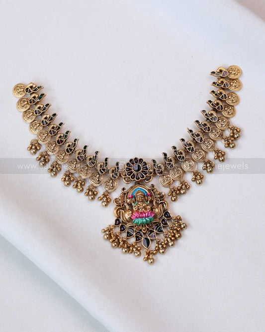 3791 - Sullie Basic - Meenakari Lakshmi Pendant Peacock Coin Necklace with Jhumka