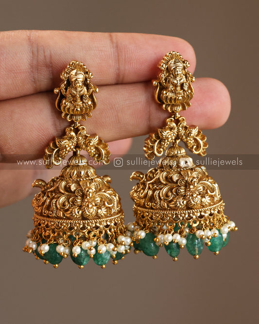Lakshmi Premium Gold Jhumka with Green beads
