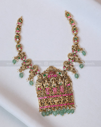 3656 - Premium Jadau Kemp Ram Parivar Necklace with Earring - Mint Beads