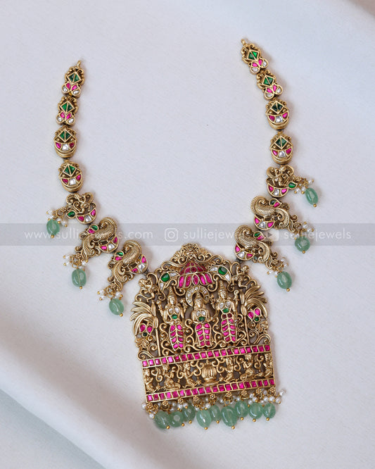 3656 - Premium Jadau Kemp Ram Parivar Necklace with Earring - Mint Beads