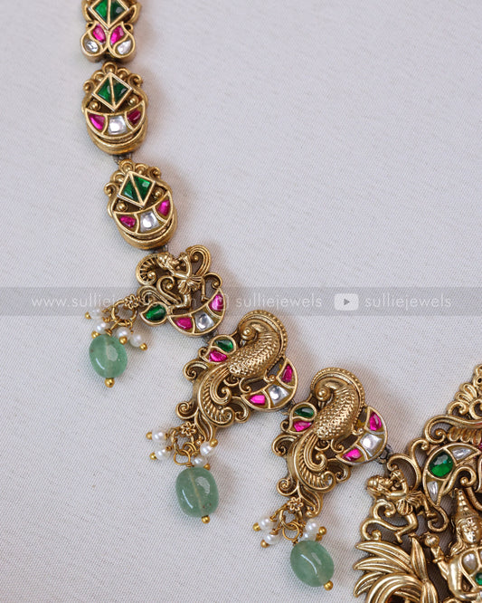 3656 - Premium Jadau Kemp Ram Parivar Necklace with Earring - Mint Beads