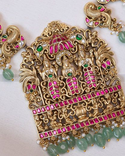 3656 - Premium Jadau Kemp Ram Parivar Necklace with Earring - Mint Beads
