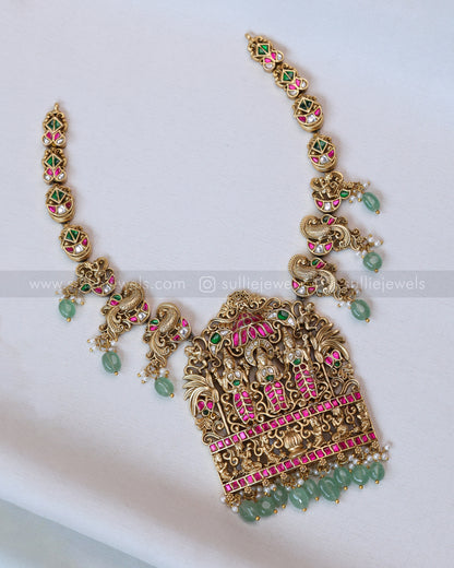 3656 - Premium Jadau Kemp Ram Parivar Necklace with Earring - Mint Beads