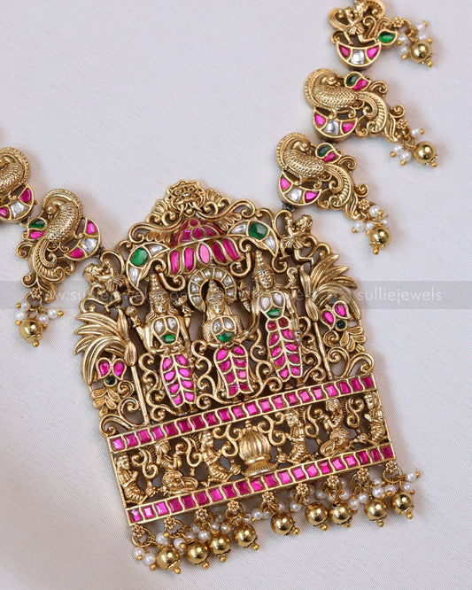 3655 - Premium Jadau Kemp Ram Parivar Necklace with Earring - Gold Beads
