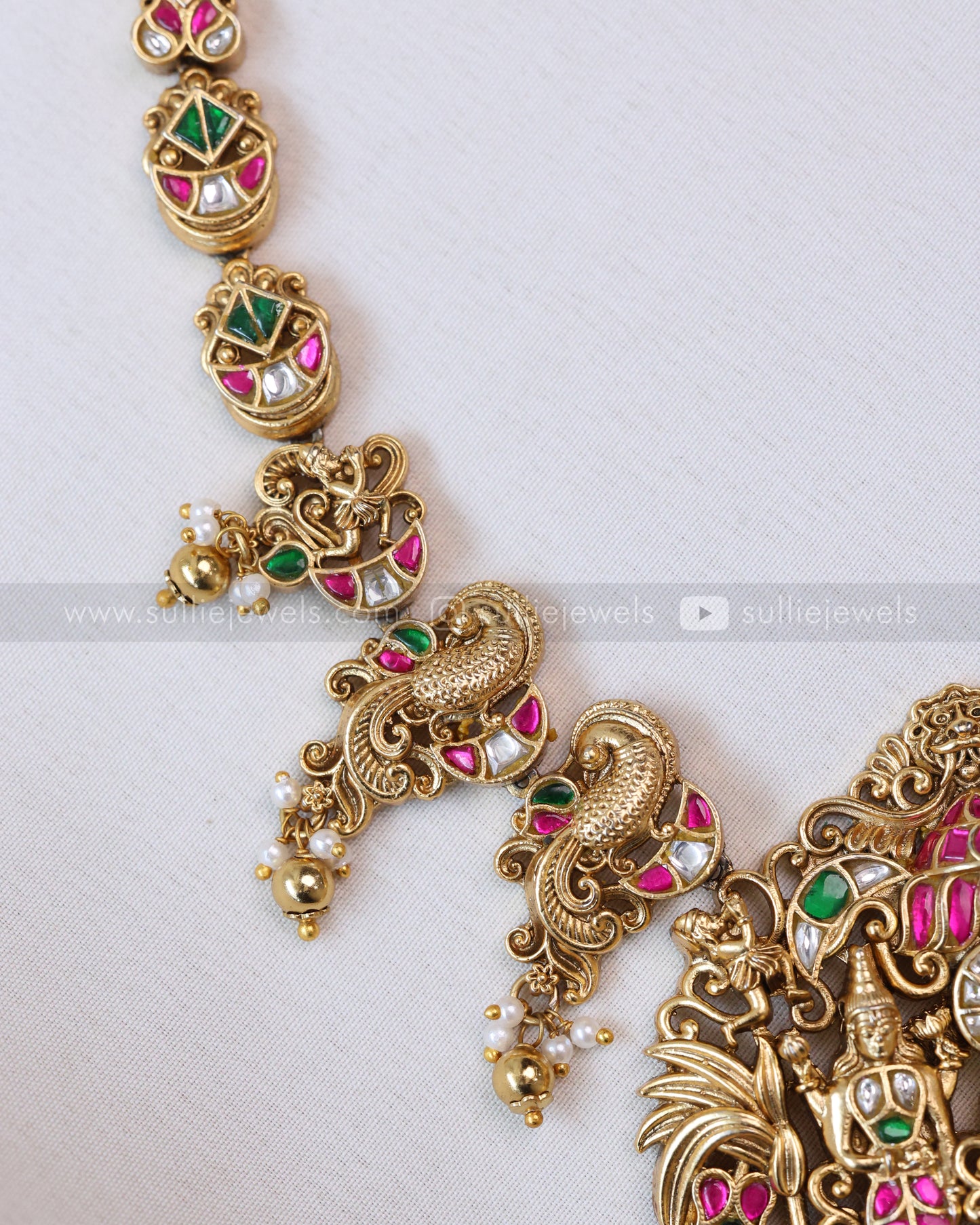 3655 - Premium Jadau Kemp Ram Parivar Necklace with Earring - Gold Beads