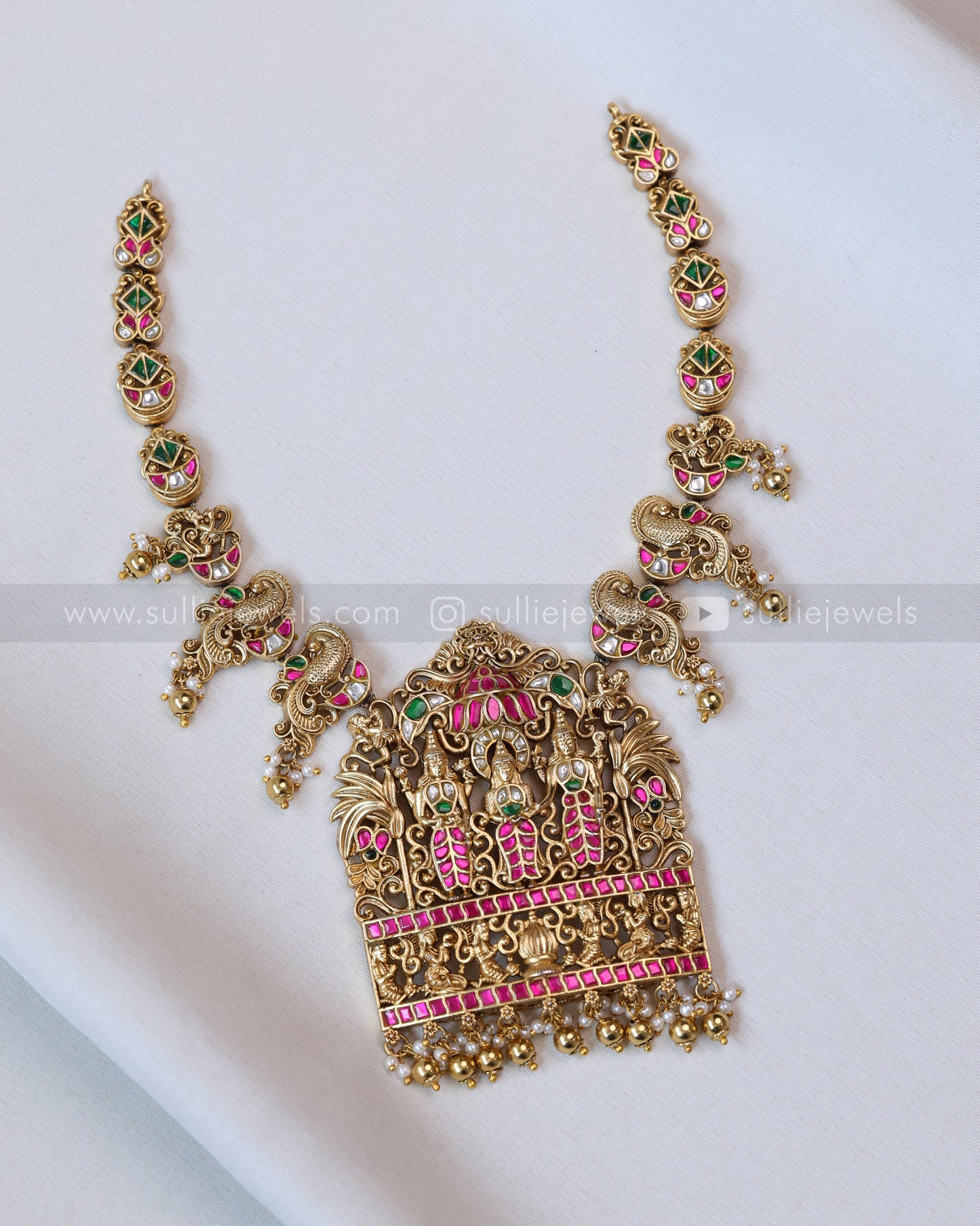 3655 - Premium Jadau Kemp Ram Parivar Necklace with Earring - Gold Beads