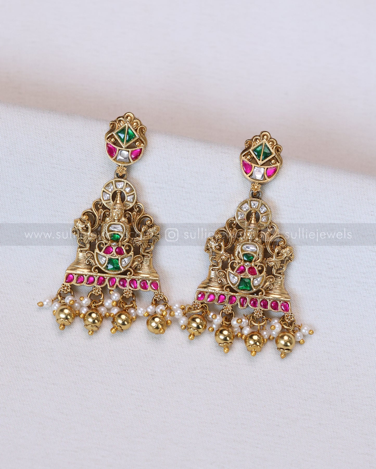 3655 - Premium Jadau Kemp Ram Parivar Necklace with Earring - Gold Beads