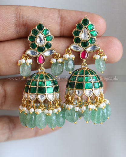 E1196 - Premium Jadau Kemp Jhumka with Mint Beads - Green