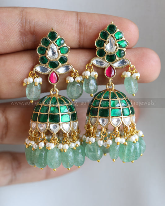 E1196 - Premium Jadau Kemp Jhumka with Mint Beads - Green