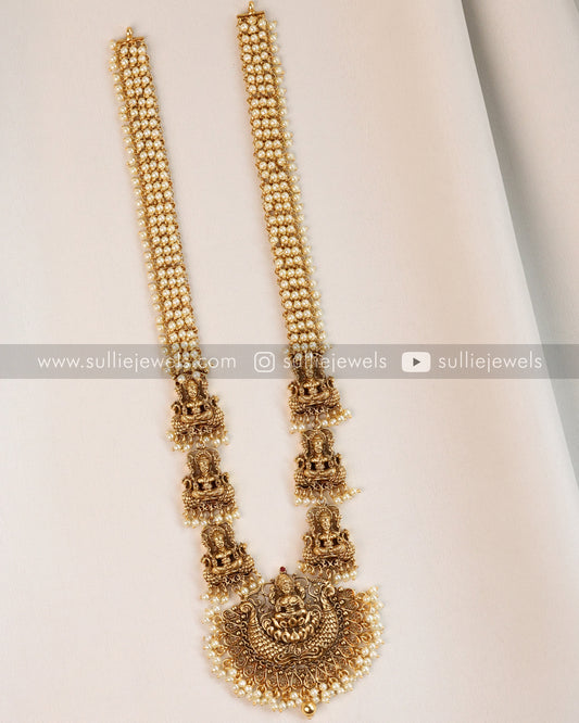 Lakshmi Pearl Bridal Antique Haram or Long Necklace with Earring