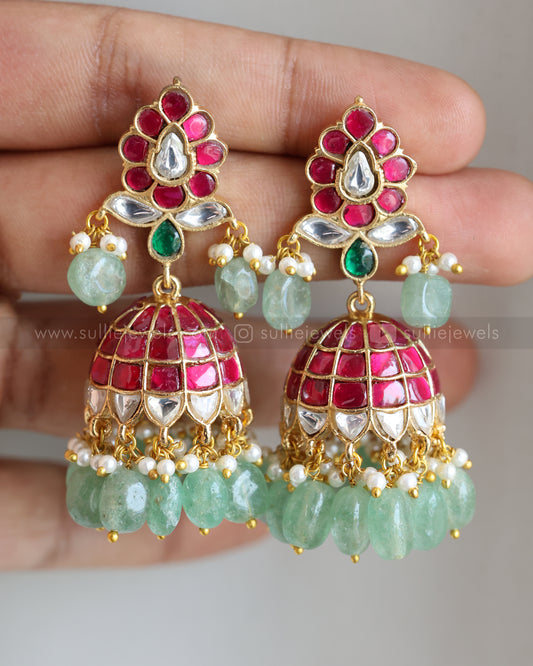 E1195 - Premium Jadau Kemp Jhumka with Mint Beads - Pink