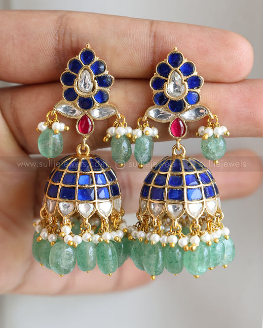 E1197 - Premium Jadau Kemp Jhumka with Mint Beads - Blue