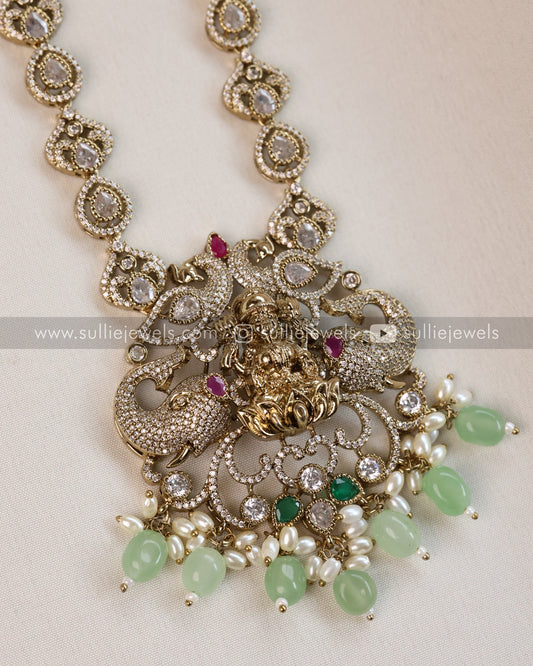 Lakshmi Stone Victorian Long Chain with Earring - Mint Beads
