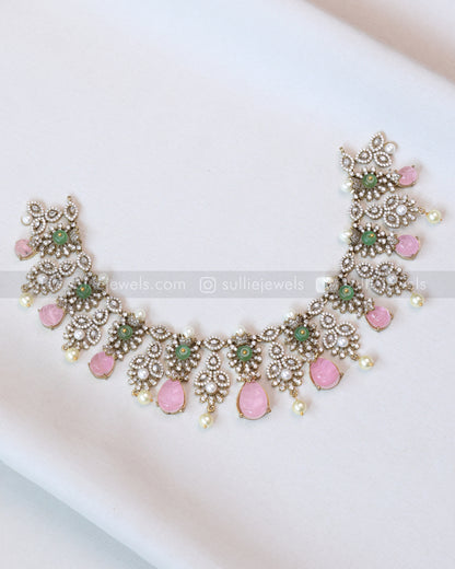 3663 - Pastel Pink Premium Carved Stone Necklace with Stud