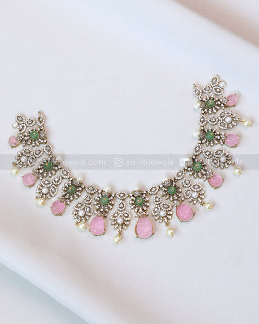 3663 - Pastel Pink Premium Carved Stone Necklace with Stud
