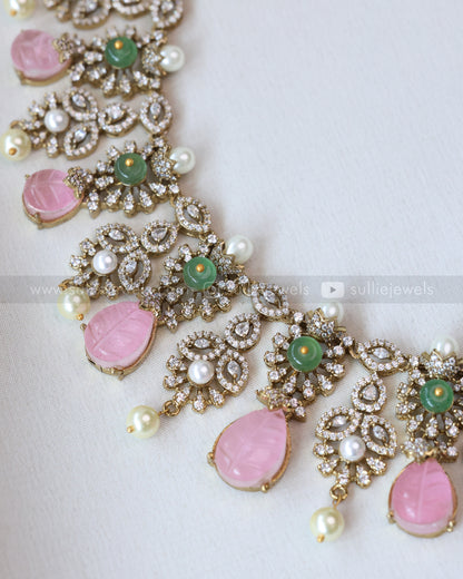 3663 - Pastel Pink Premium Carved Stone Necklace with Stud