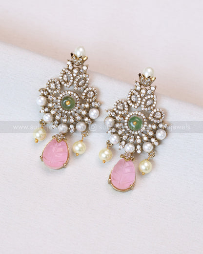 3663 - Pastel Pink Premium Carved Stone Necklace with Stud