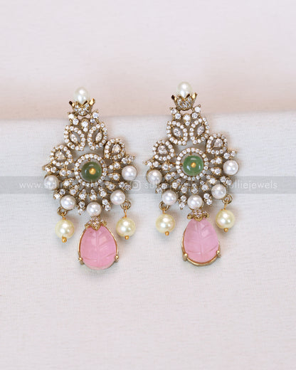 3663 - Pastel Pink Premium Carved Stone Necklace with Stud