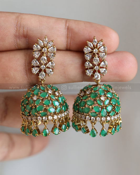 E1189 - Premium Green Floral AD Ball Jhumka